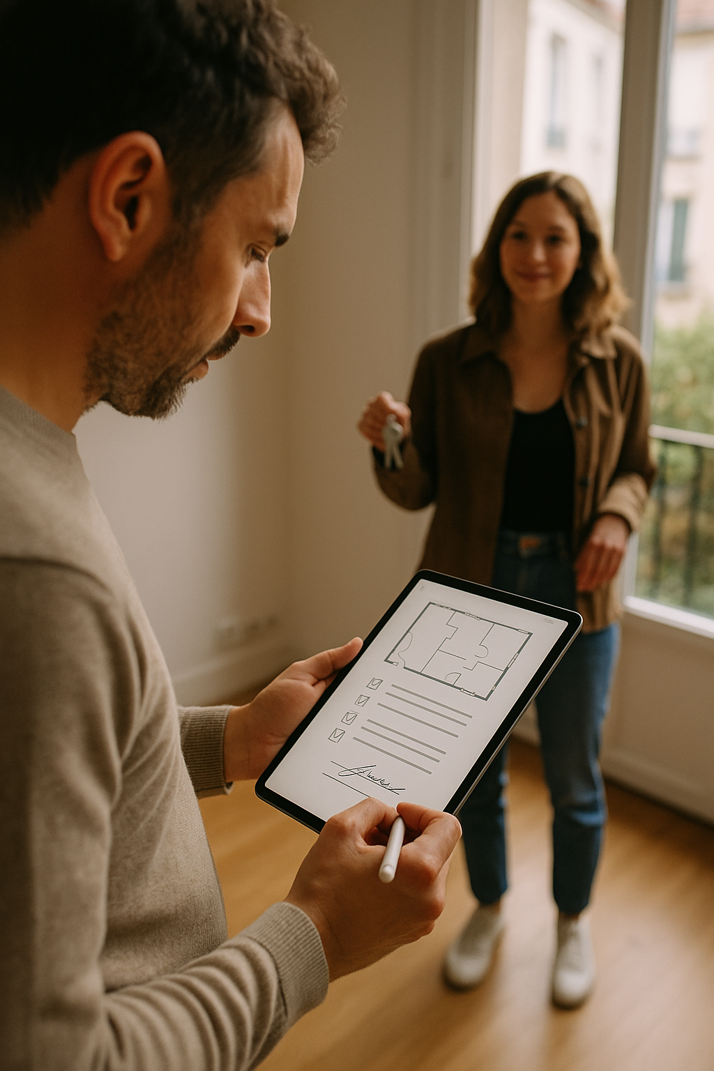 Tablette utilisée pour réaliser l’état des lieux numérique avec signature électronique intégrée