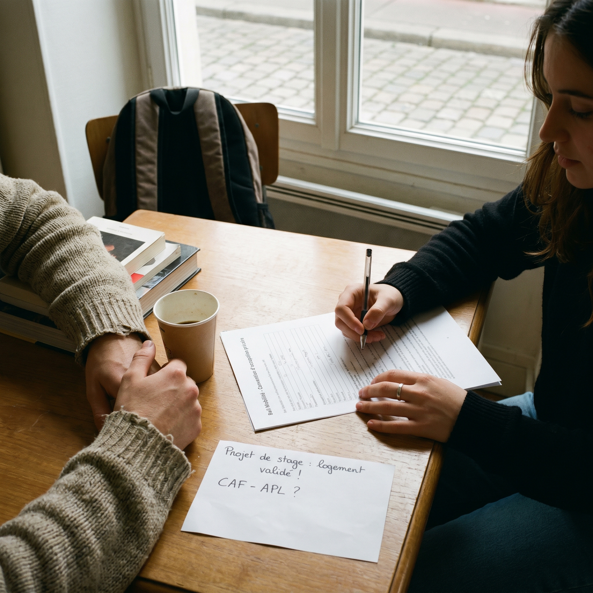 Propriétaire et étudiant en stage discutant des bonnes pratiques de location courte durée