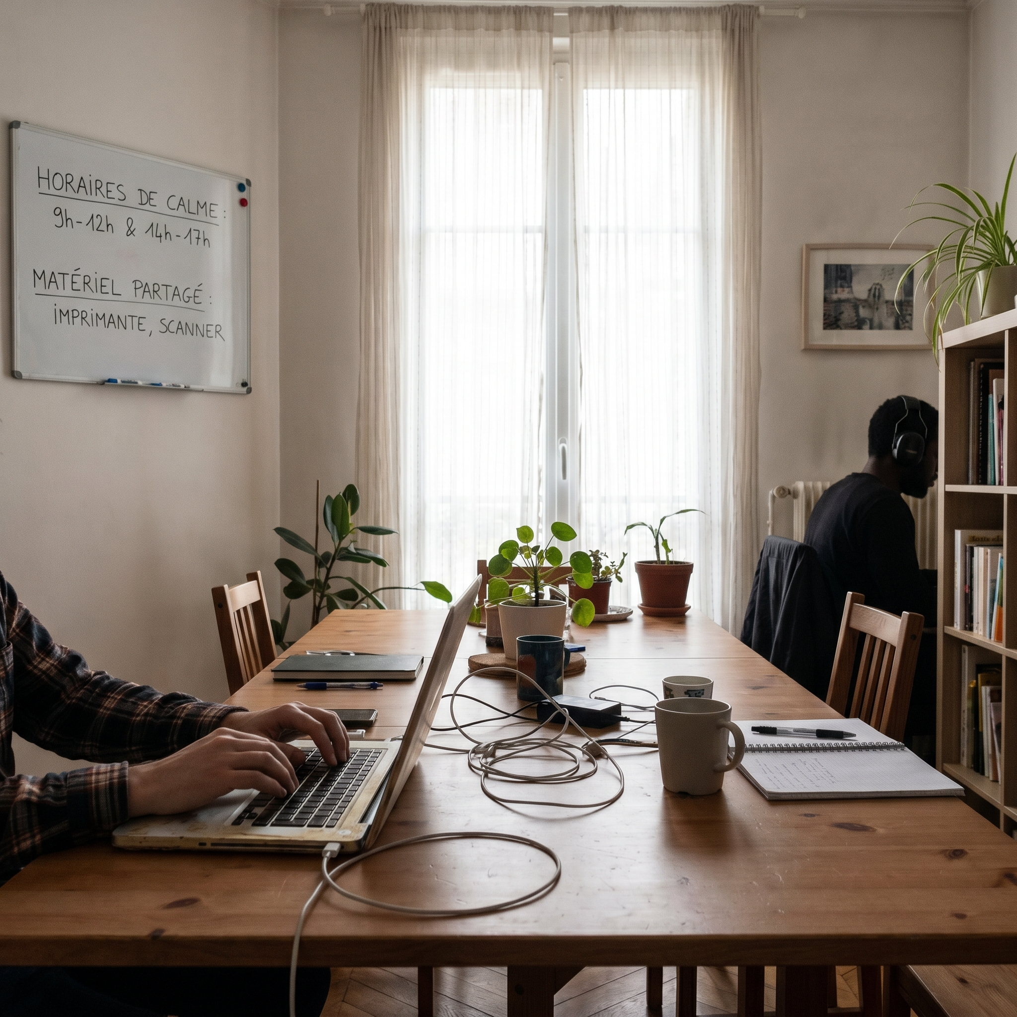 comment organiser une colocation pour le télétravail avec un bureau partagé équipé de plusieurs écrans et chaises ergonomiques