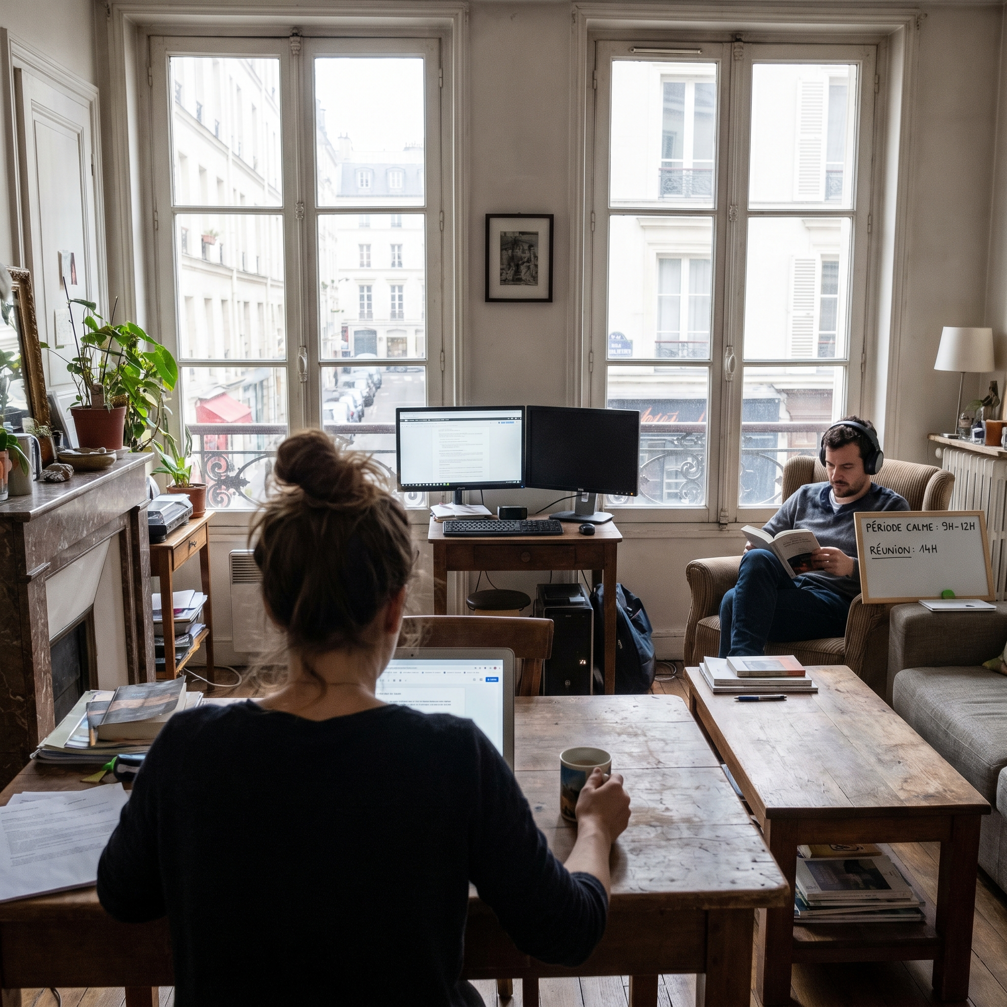 comment organiser une colocation pour le télétravail avec un grand salon partagé aménagé en plusieurs espaces de travail individuels