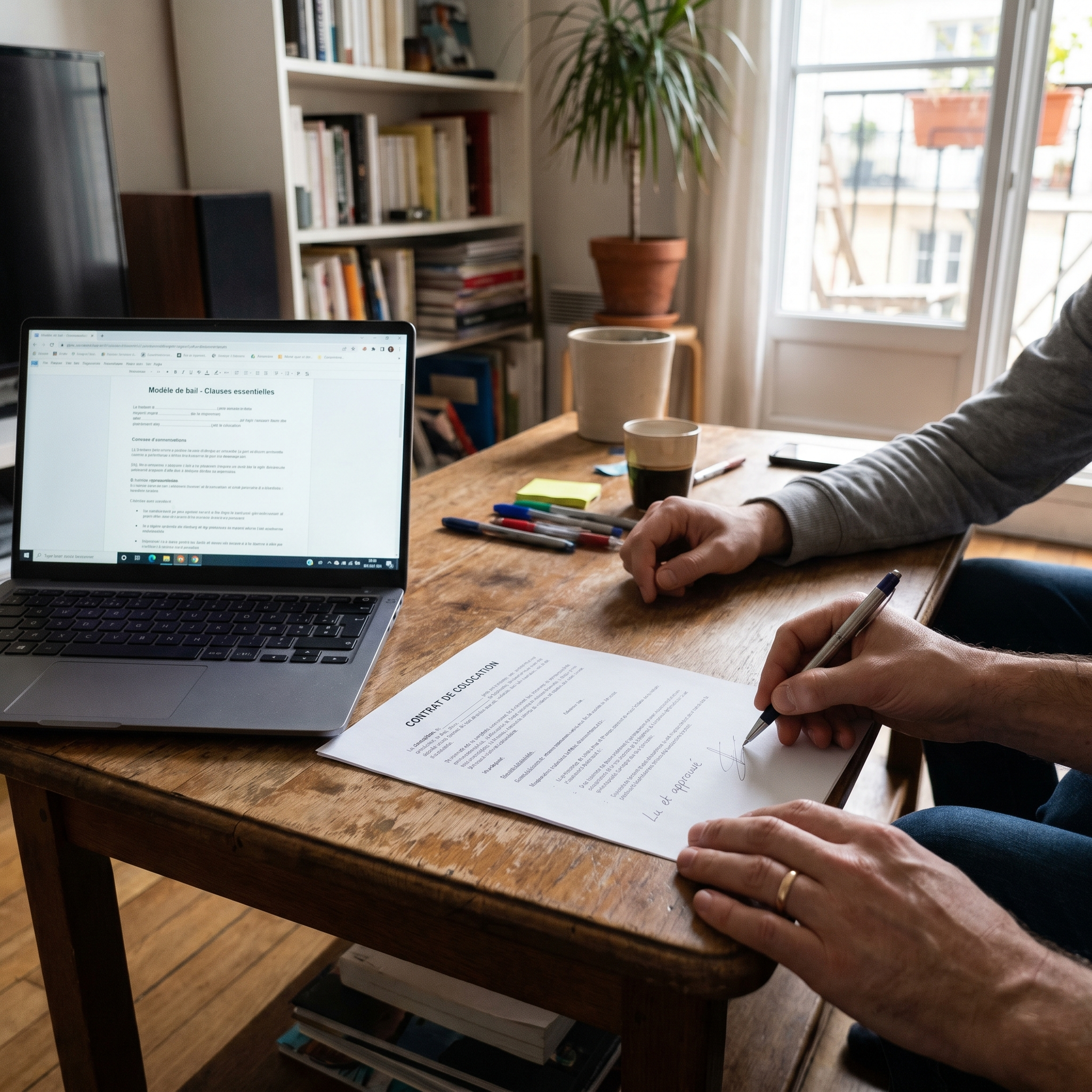 pacte de colocation modèle clauses essentielles et signature entre colocataires réunis autour d’un contrat à signer