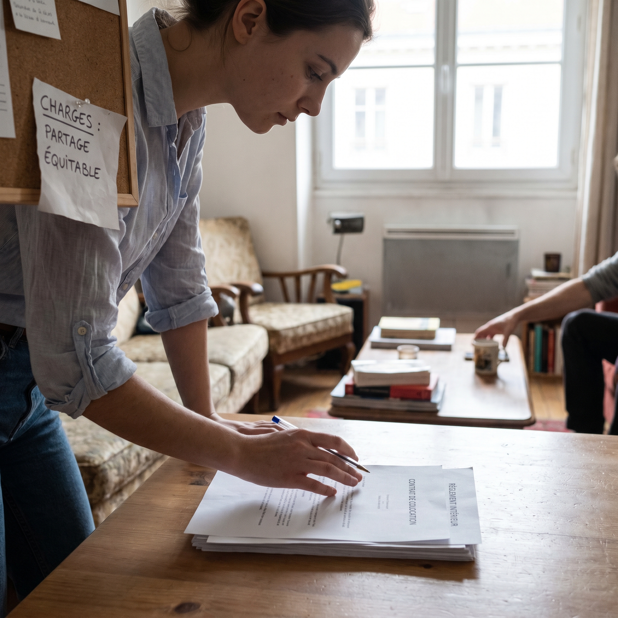 Tableau d’organisation pour une colocation étudiante listant les tâches ménagères et le partage du loyer