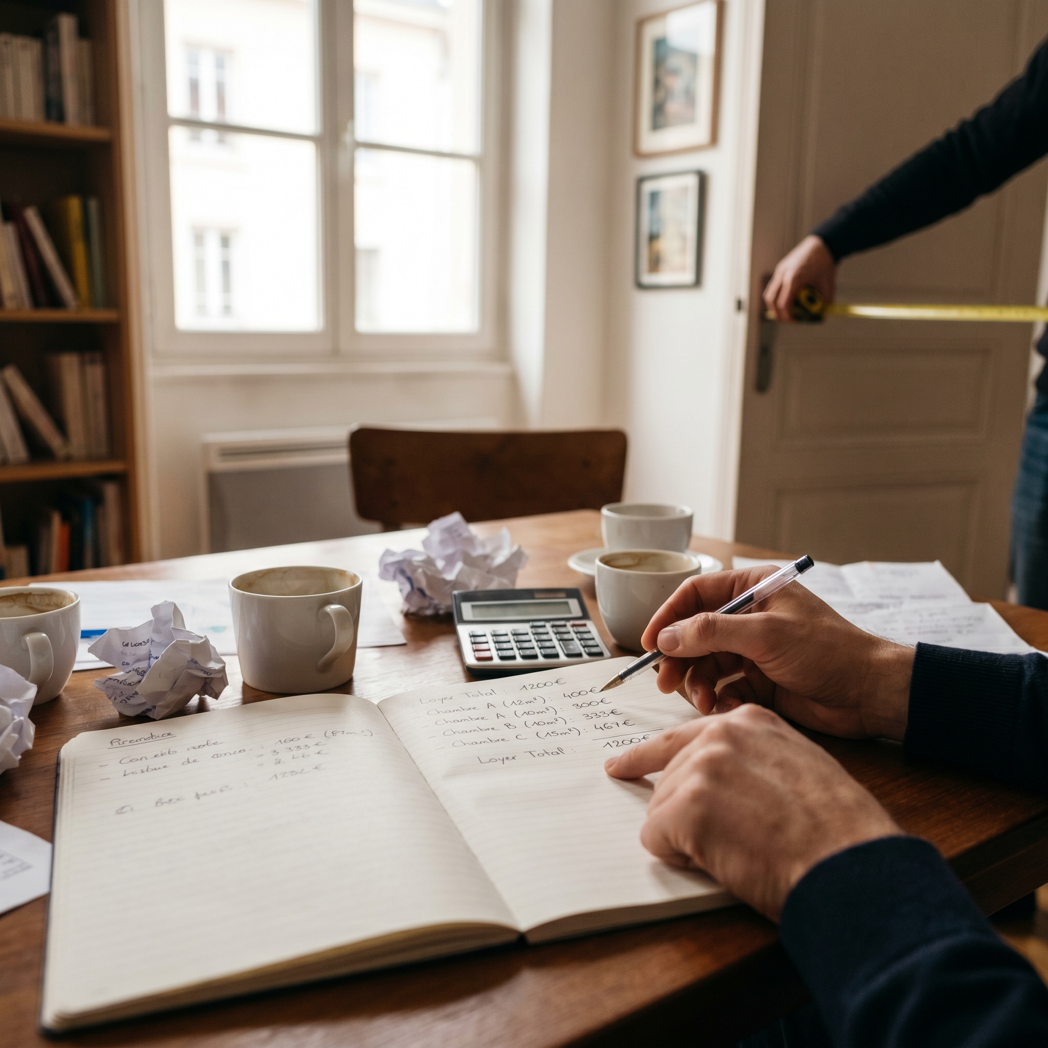 Schéma explicatif montrant comment répartir le loyer selon la taille des chambres avec un calcul au m²