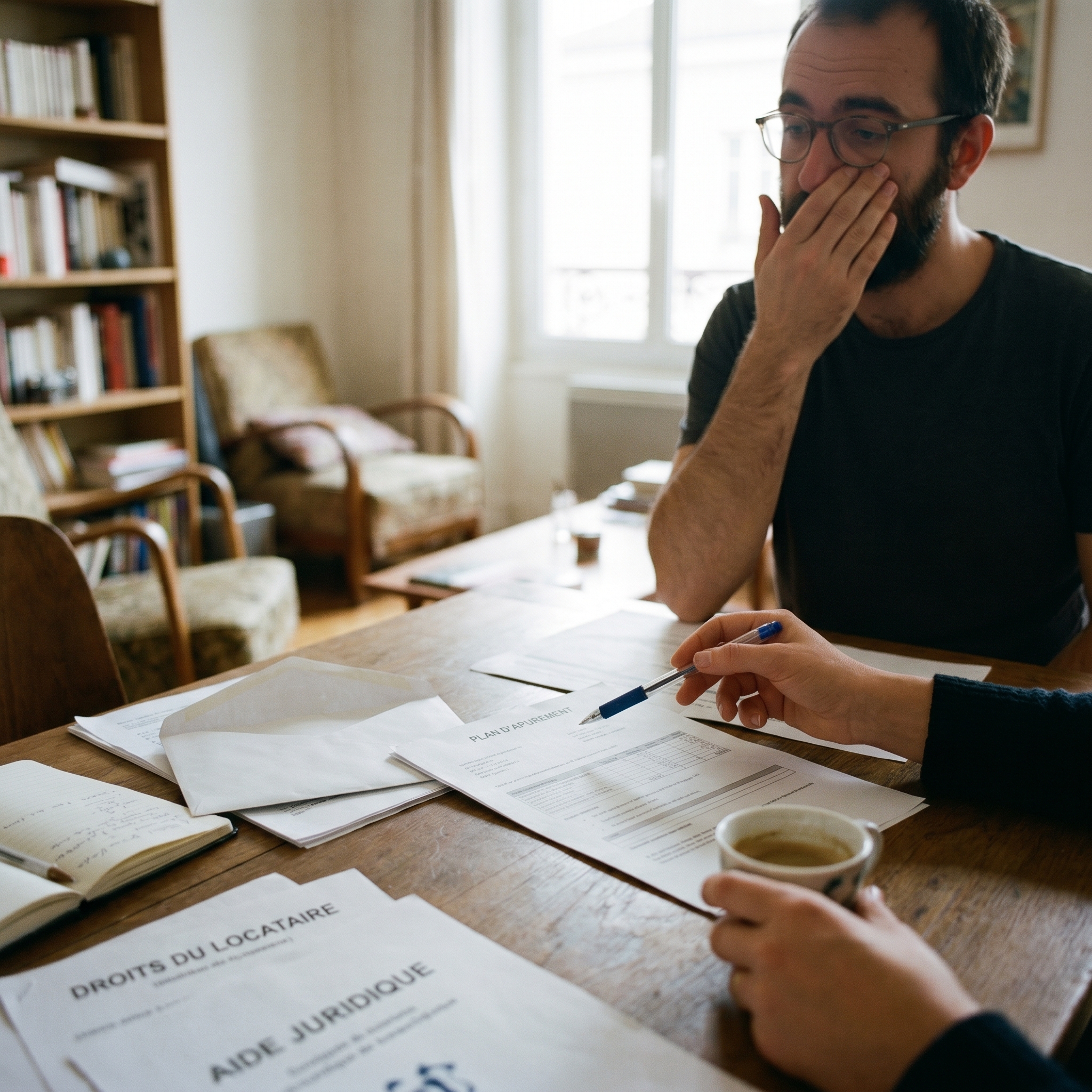 locataire consultant un conseiller juridique sur ses droits en cas d’impayés de loyer et de procédure d’expulsion