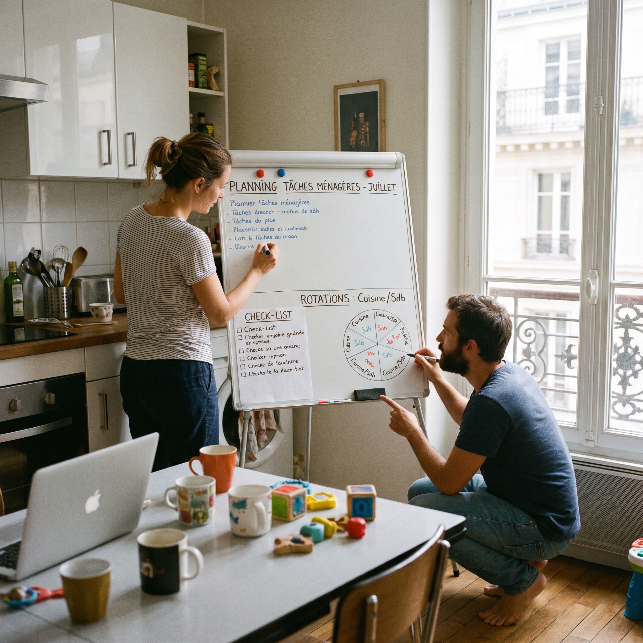 Check-list imprimée pour répartir équitablement les tâches ménagères pièce par pièce
