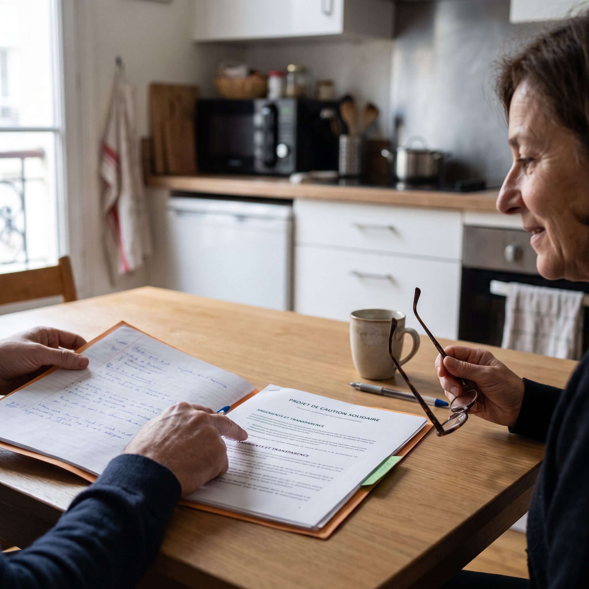Signature d’un cadre écrit entre locataire et proche garant pour formaliser l’engagement