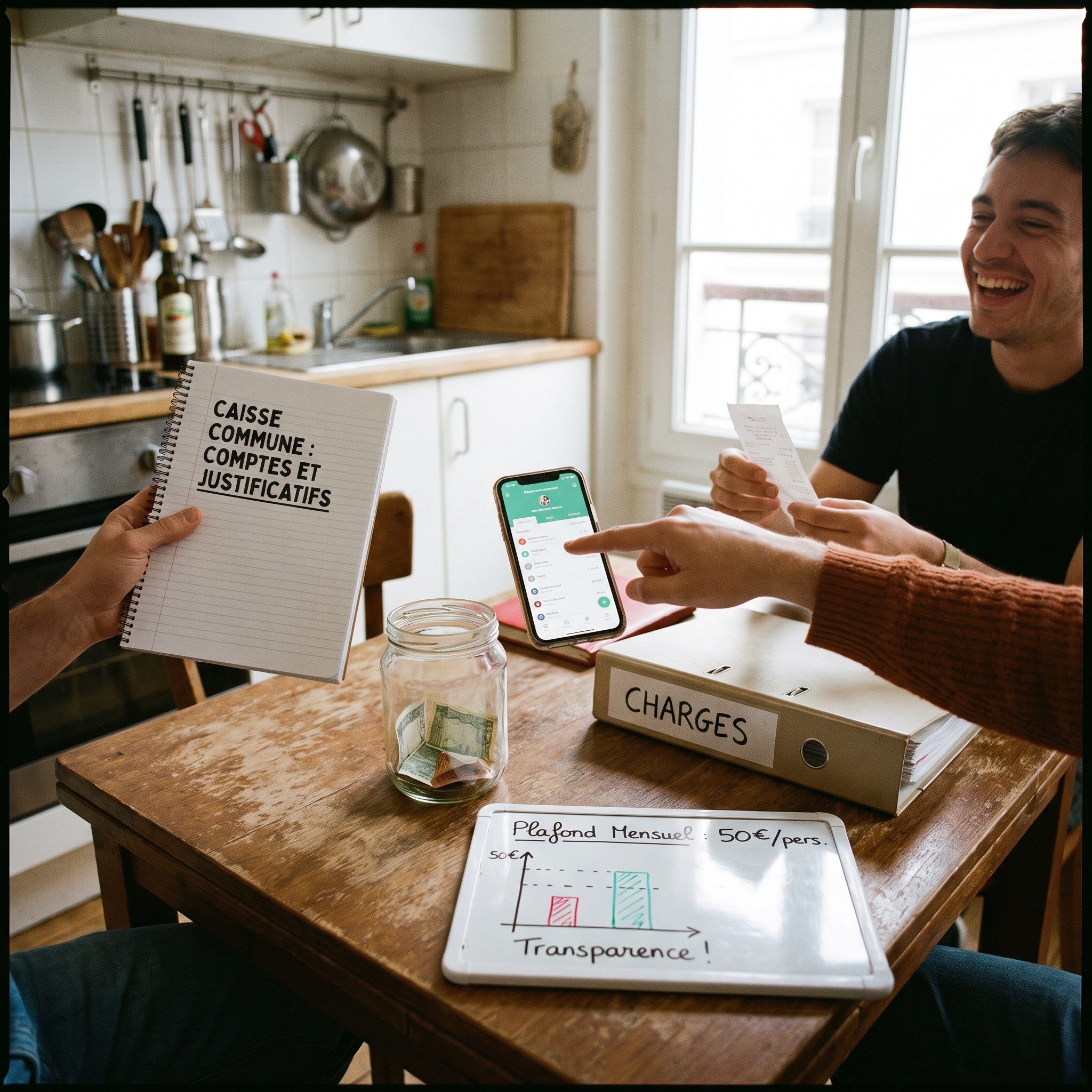 Interface d’application montrant la transparence d’une caisse commune entre colocataires