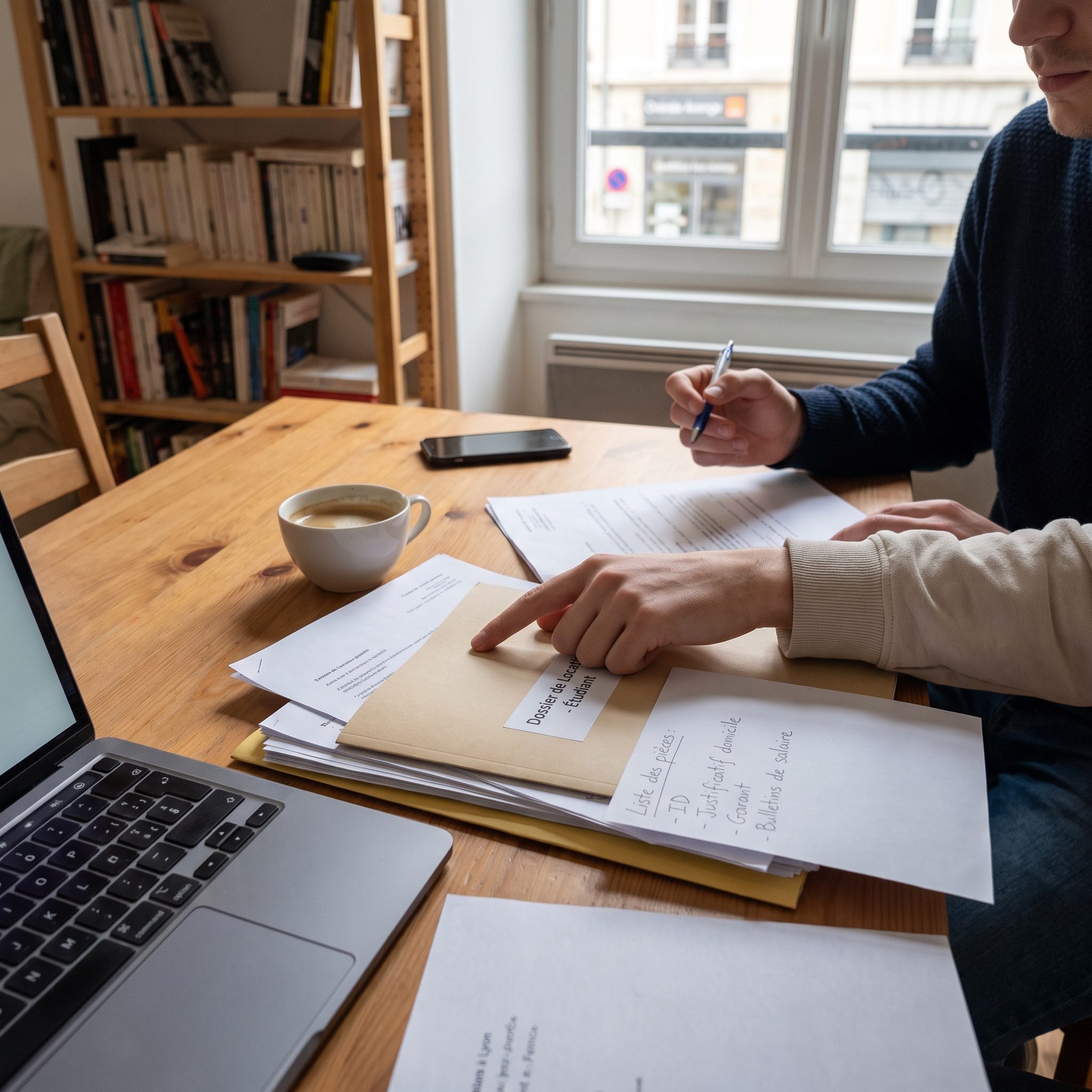 Étudiant préparant son dossier locataire avec tous les documents demandés et un garant pour louer un appartement