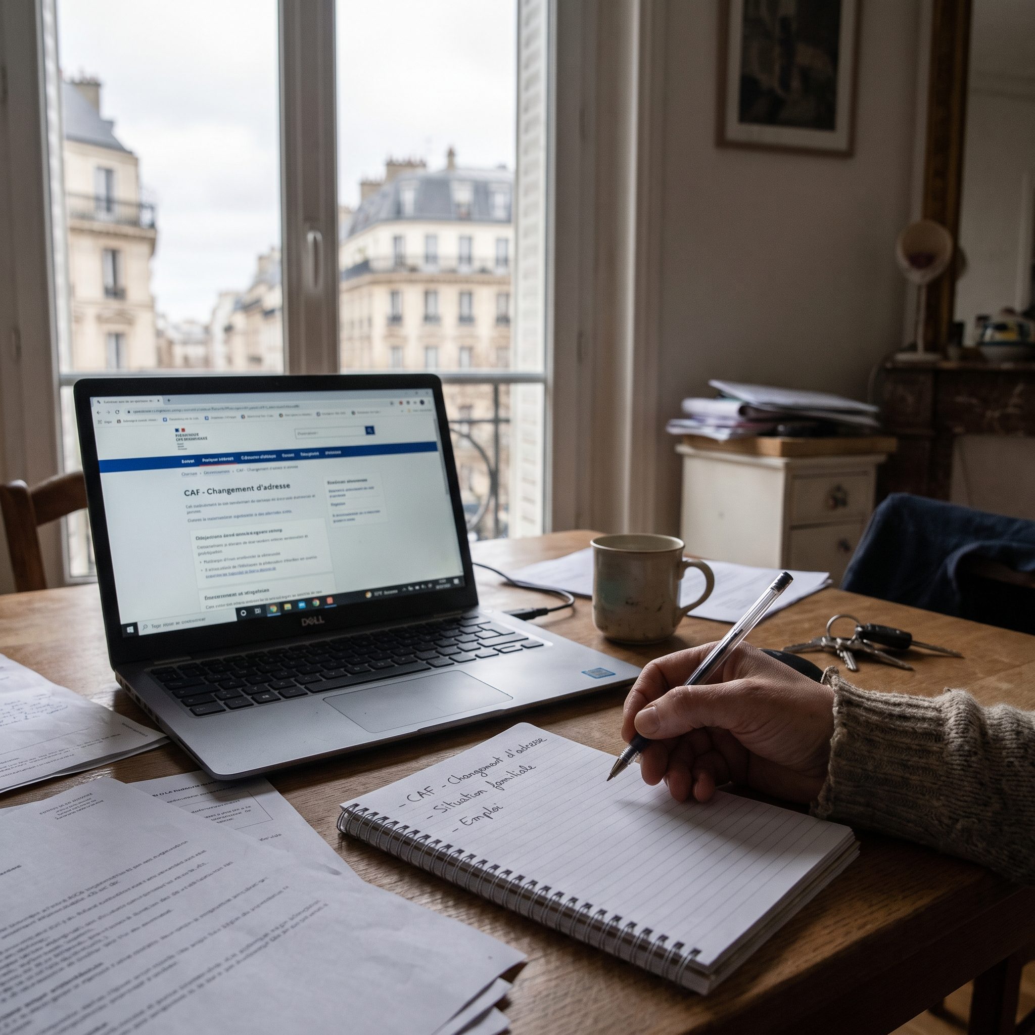 Conseillère CAF expliquant la déclaration changement de situation CAF changement d’adresse famille emploi à un couple